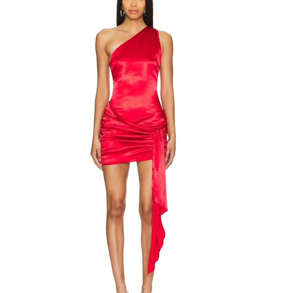 Superdown One Shoulder Mini Dress Red XXS Ruched Bodycon Cocktail Satin NEW - Picture 1 of 7